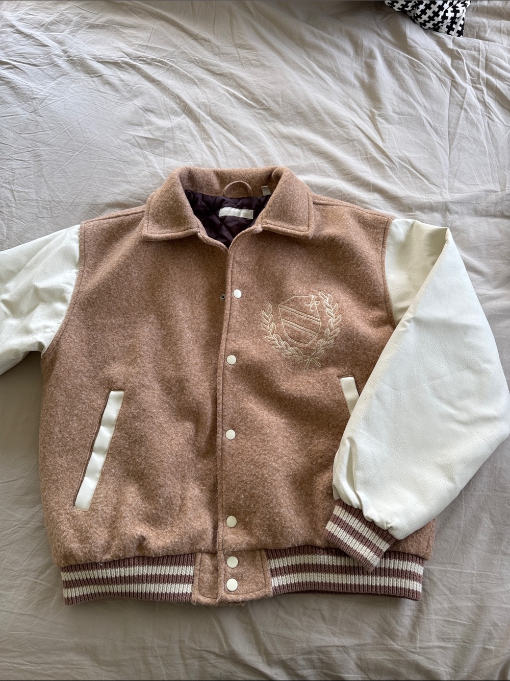 Men's Two-Tone Wool Varsity Jacket in Dusty tan brown and Cream